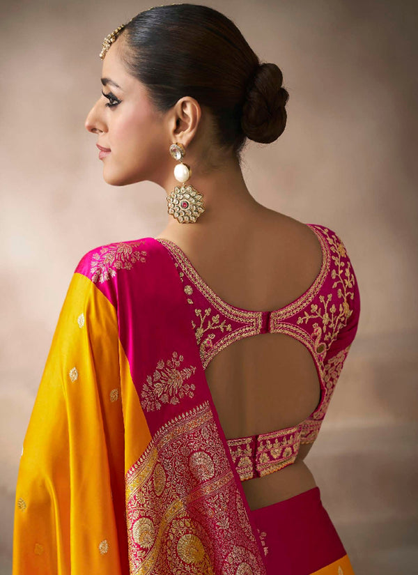Yellow And Pink Embroidered Satin Silk Saree