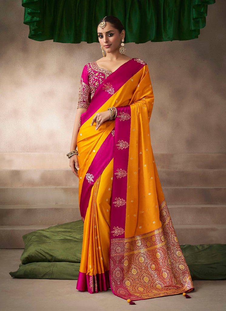 Yellow And Pink Satin Silk Saree