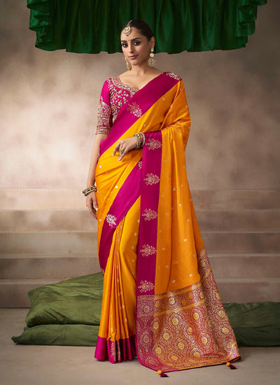 Yellow And Pink Satin Silk Saree