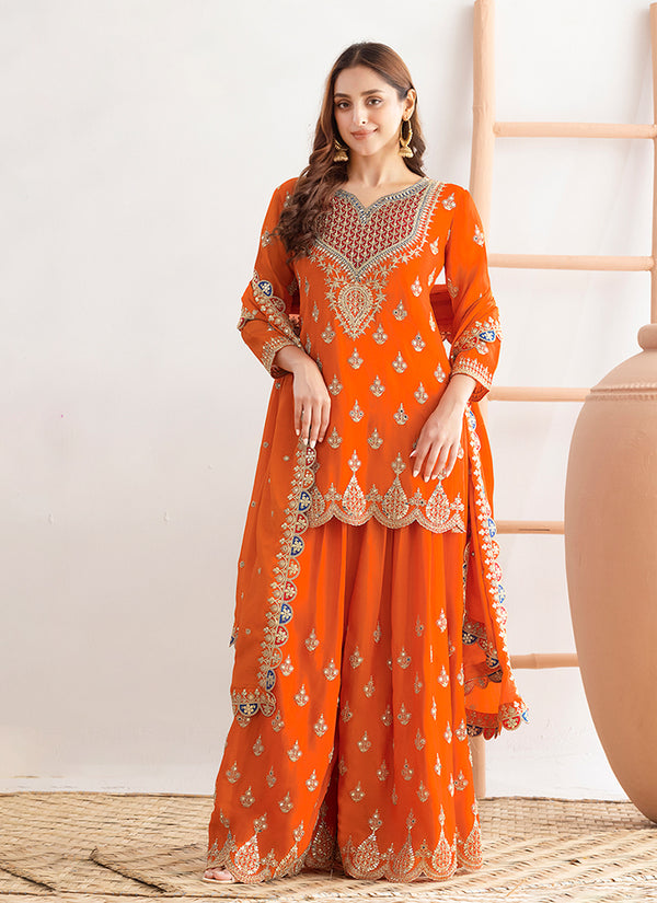 Bright Orange Multi Embroidery Gharara Suit