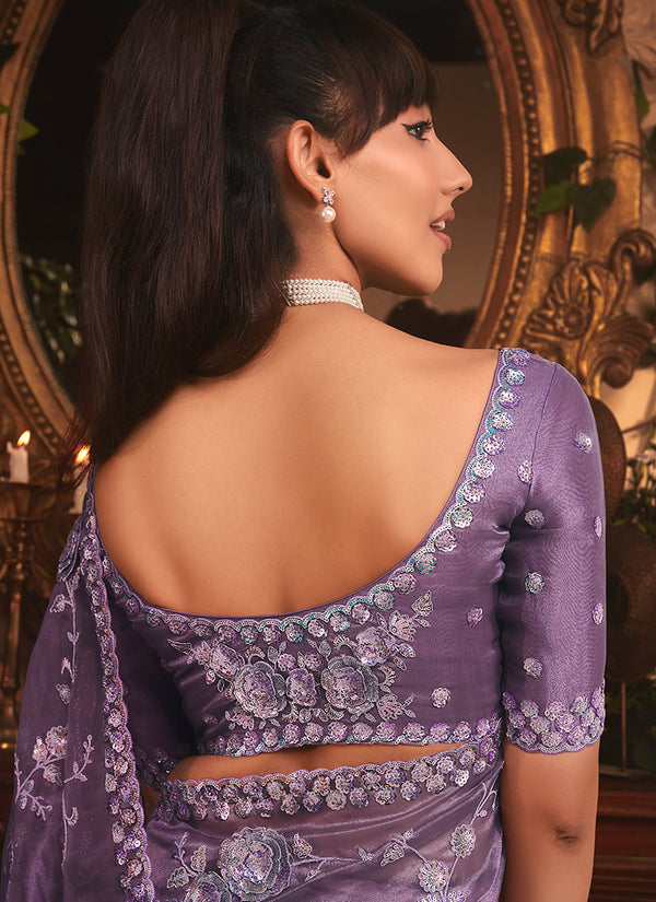 Mist Purple Embroidered Tissue Silk Saree