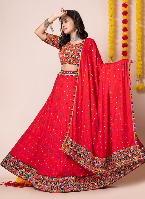 Red Multi Embroidered Chaniya Choli