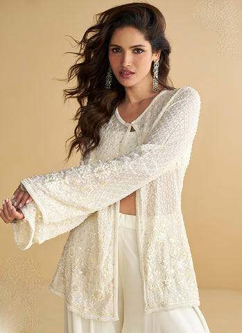 Pearl White Handwork Embroidered Jacket Style Co-Ord Set