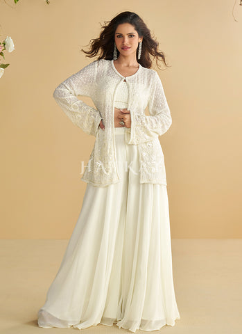 Pearl White Handwork Embroidered Jacket Style Co-Ord Set