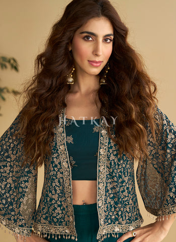 Deep Turquoise Embroidered Jacket Style Co-Ord Set