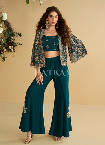 Deep Turquoise Embroidered Jacket Style Co-Ord Set