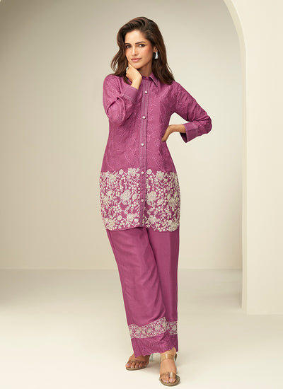 Shop Pink Embroidered Silk Co-Ord Set