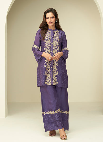 Shop Purple Embroidered Silk Co-Ord Set