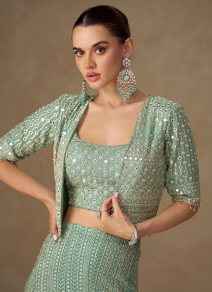 Mint Green Embroidery Jacket Style Co-Ord Set