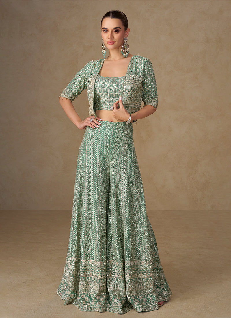 Mint Green Embroidery Jacket Style Co-Ord Set