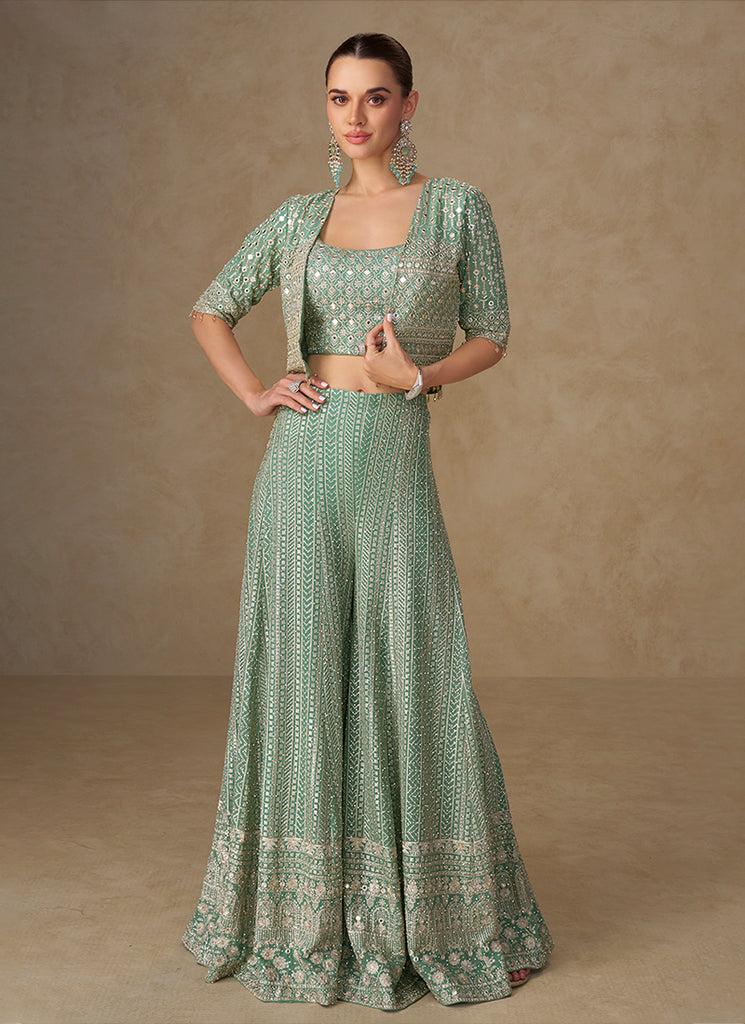 Mint Green Embroidery Jacket Style Co-Ord Set