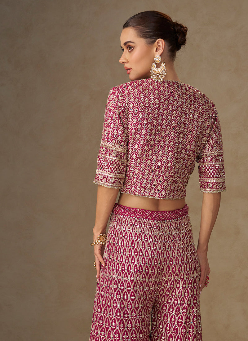 Magenta Pink Embroidery Jacket Style Co-Ord Set