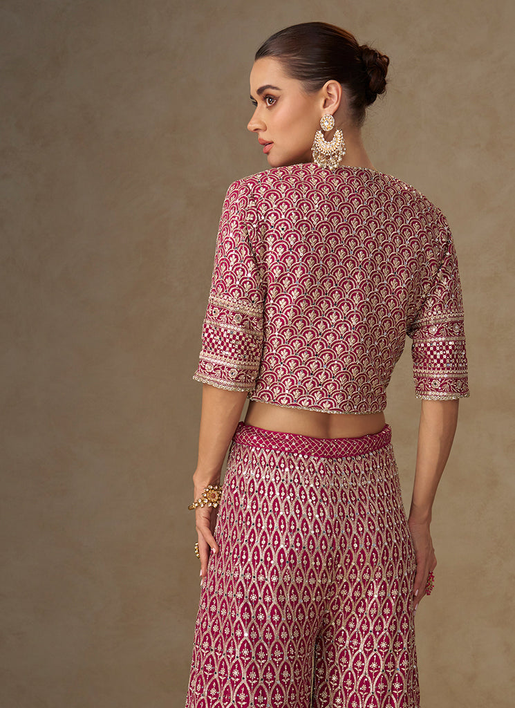 Magenta Pink Embroidery Jacket Style Co-Ord Set