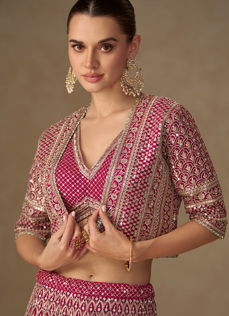 Magenta Pink Embroidery Jacket Style Co-Ord Set