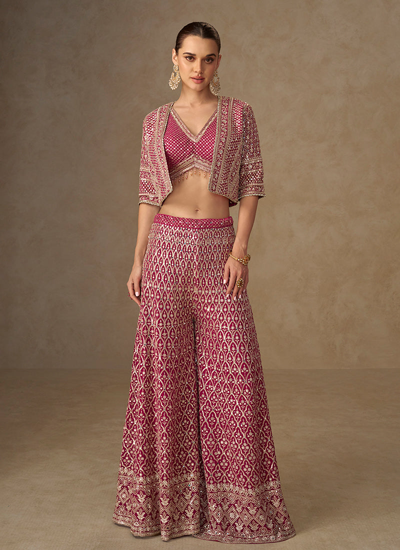 Magenta Pink Embroidery Jacket Style Co-Ord Set