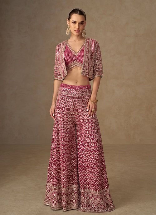 Magenta Pink Embroidery Jacket Style Co-Ord Set