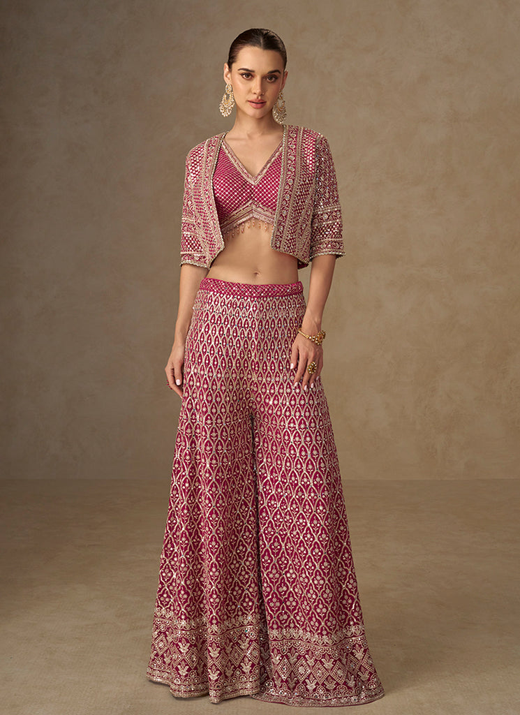 Magenta Pink Embroidery Jacket Style Co-Ord Set