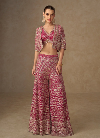 Magenta Pink Embroidery Jacket Style Co-Ord Set