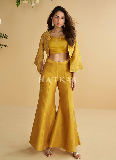 Shop Golden Yellow Embroidered Jacket Style Co-Ord Set