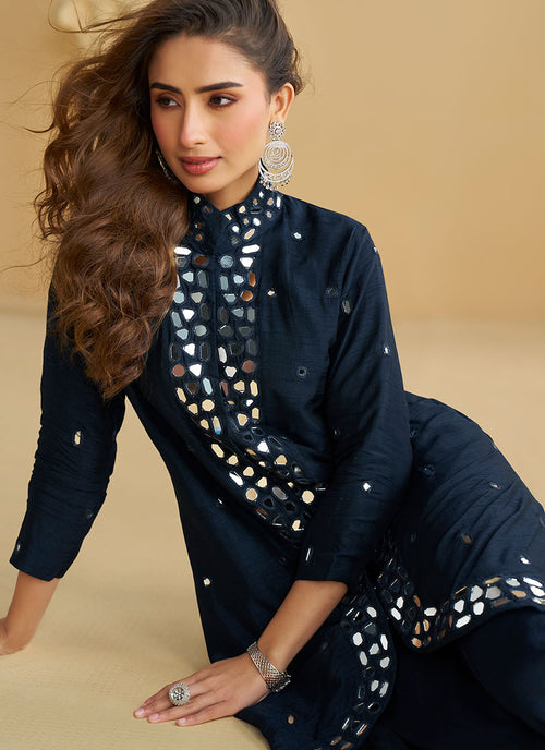 Shop Navy Blue Mirror Work Co-Ord Set Online At Hatkay