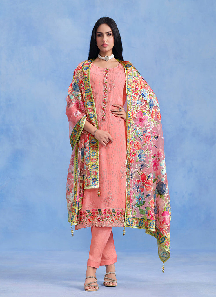 Coral Peach Floral Embroidery Salwar Kameez