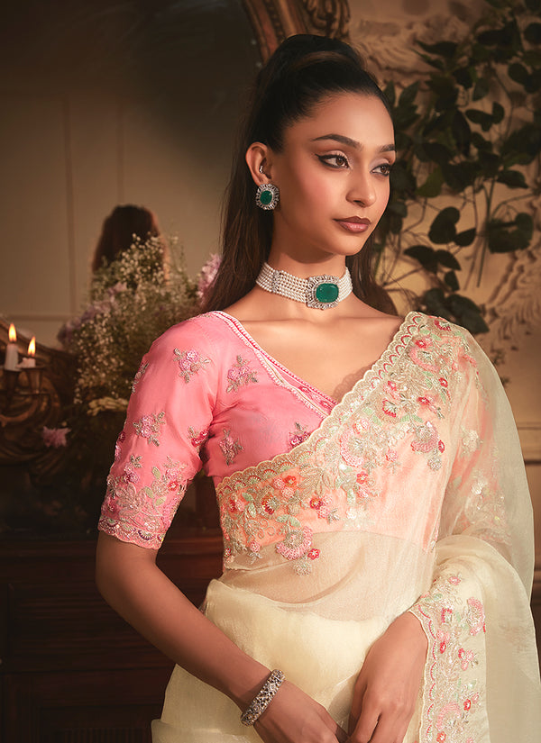 Cream And Pink Embroidered Tissue Silk Saree