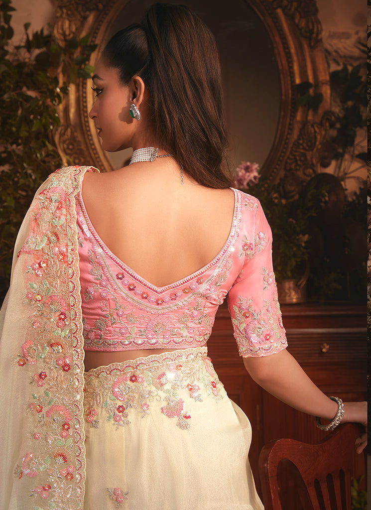 Cream And Pink Saree Online
