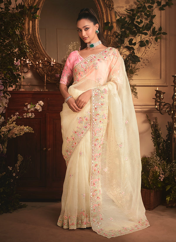 Cream And Pink Embroidered Tissue Silk Saree