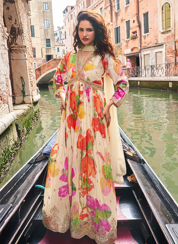 Cream Beige Embroidered Printed Anarkali Gown