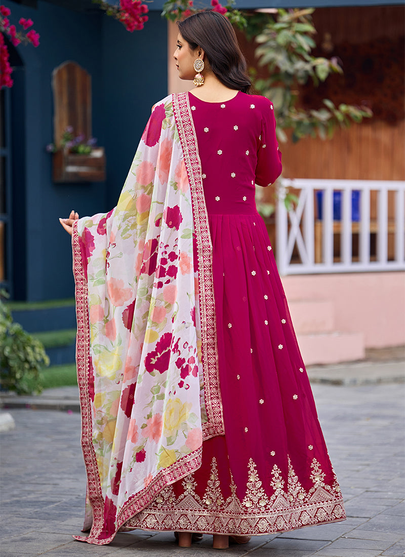 Rani Pink Traditional Embroidered Georgette Anarkali Gown