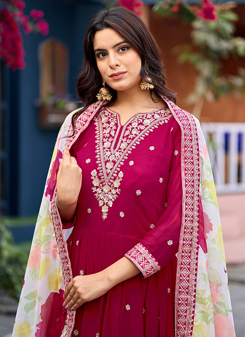 Rani Pink Traditional Embroidered Georgette Anarkali Gown