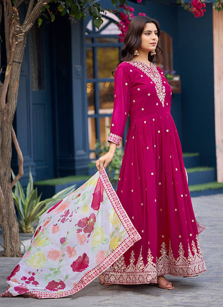 Rani Pink Traditional Embroidered Georgette Anarkali Gown