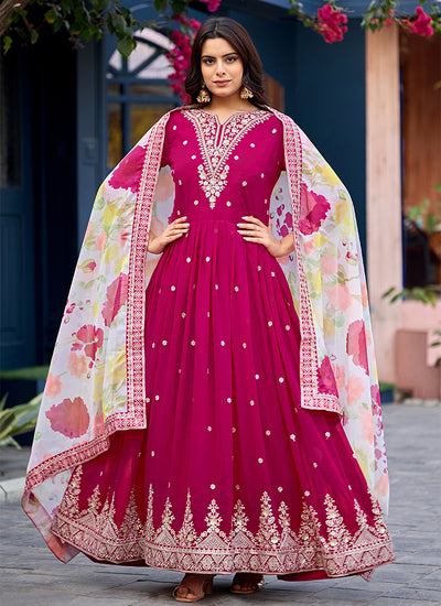 Rani Pink Traditional Embroidered Georgette Anarkali Gown