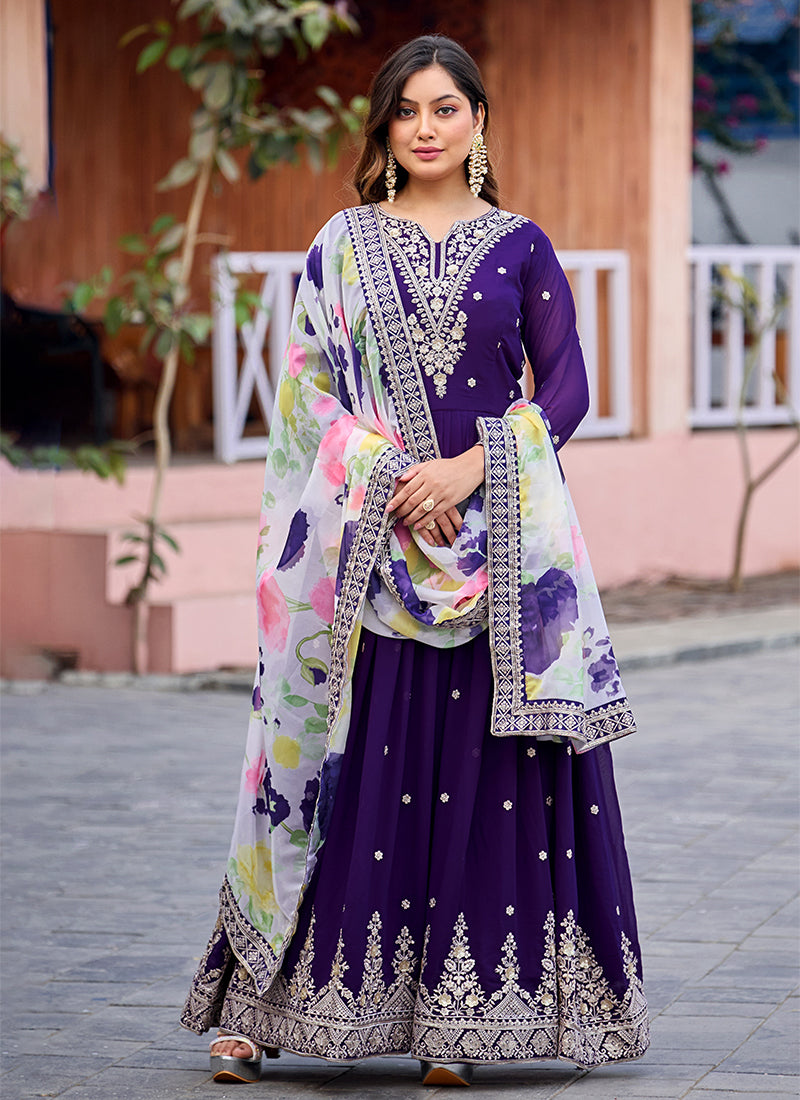 Royal Purple Traditional Embroidered Georgette Anarkali Gown