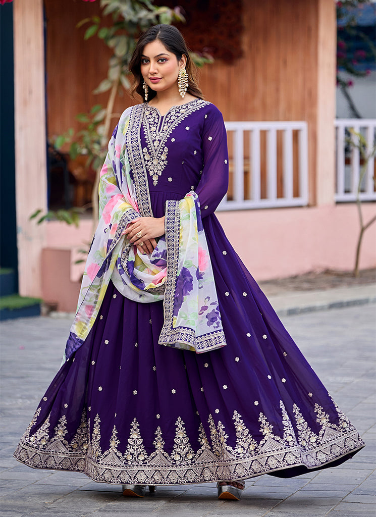 Royal Purple Traditional Embroidered Georgette Anarkali Gown