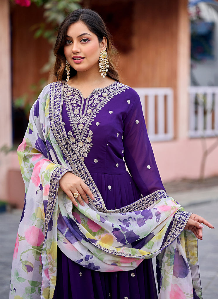 Royal Purple Traditional Embroidered Georgette Anarkali Gown