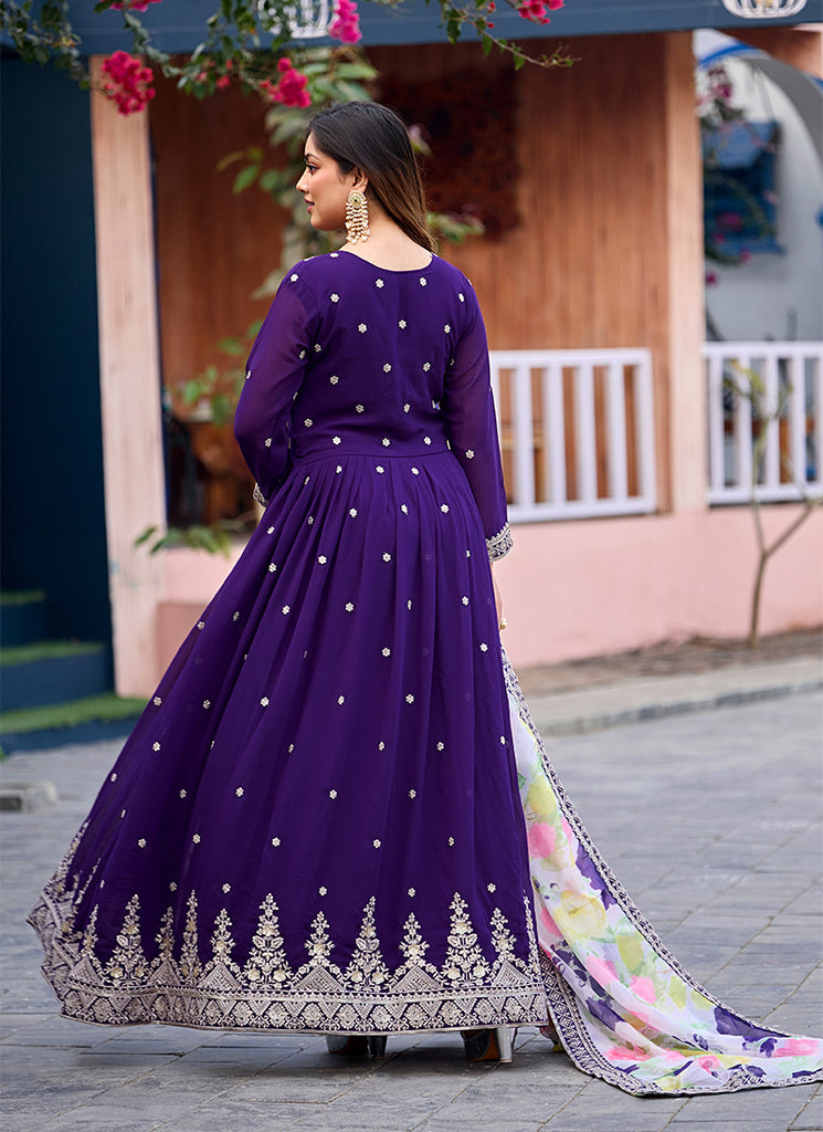 Royal Purple Traditional Embroidered Georgette Anarkali Gown