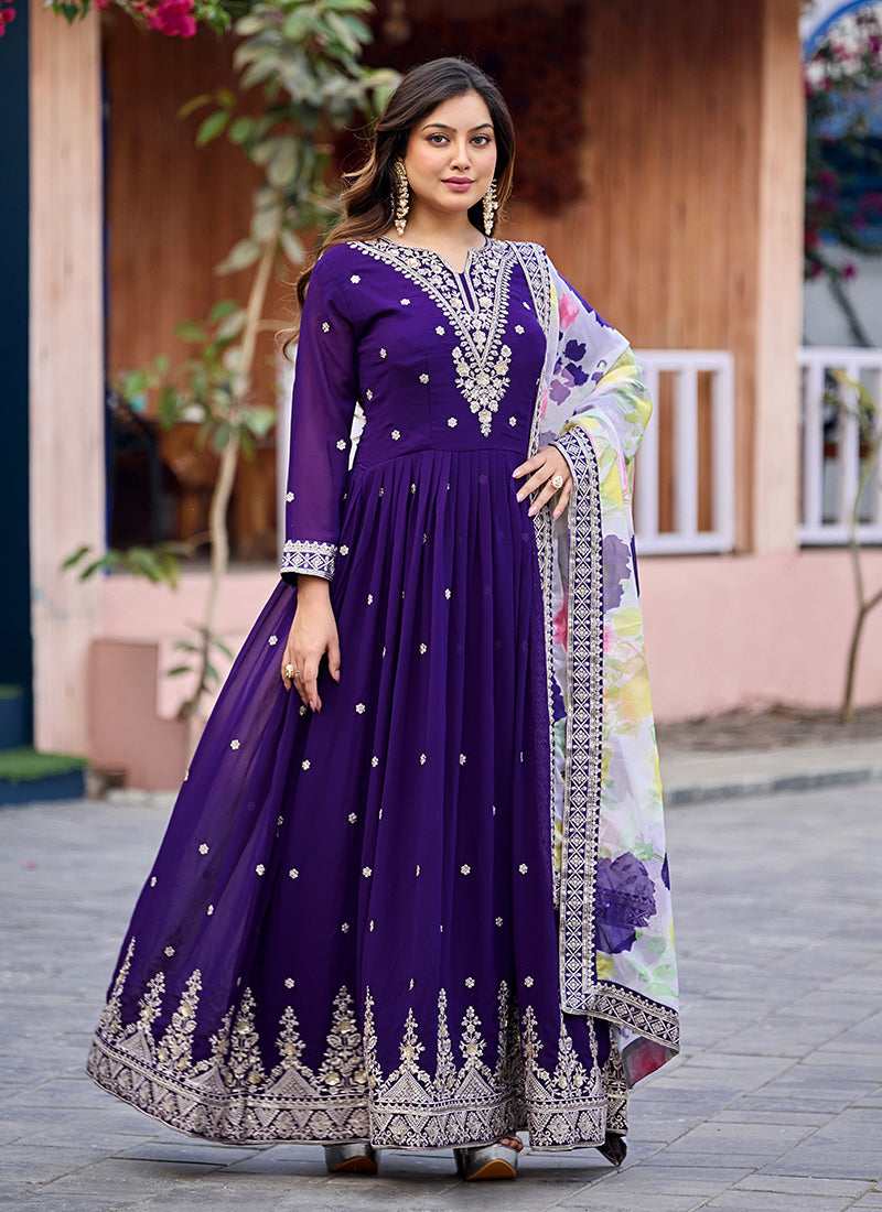 Royal Purple Traditional Embroidered Georgette Anarkali Gown