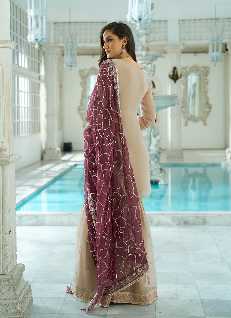 Beige Traditional Embroidered Gharara Suit