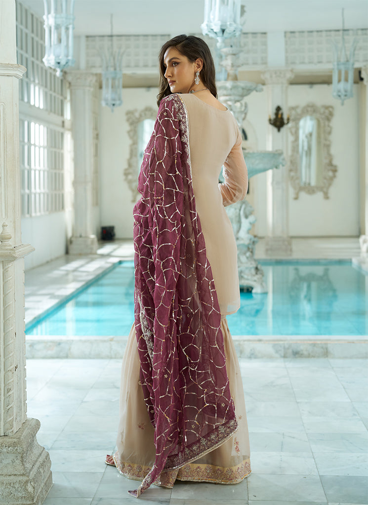 Beige Traditional Embroidered Gharara Suit