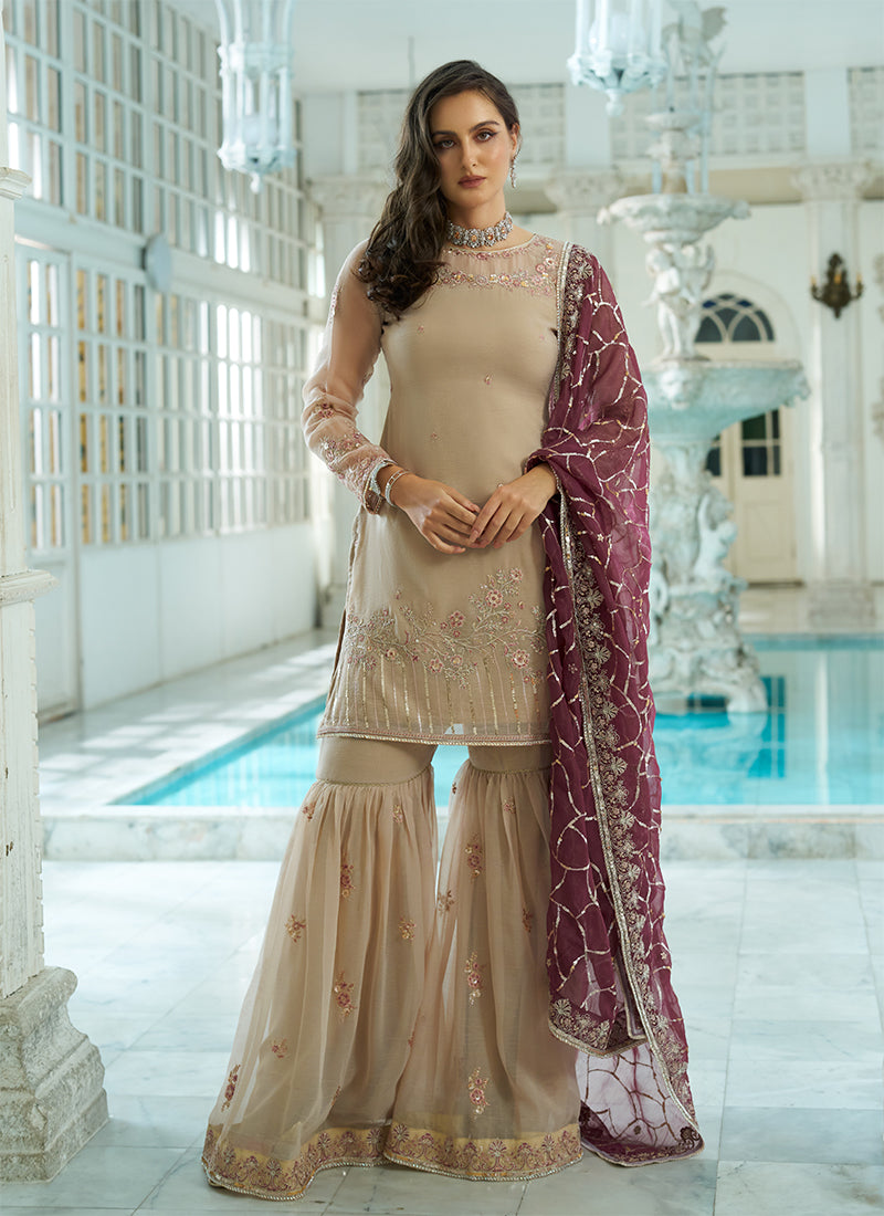 Dahlia – Beige Berry Gharara Suit