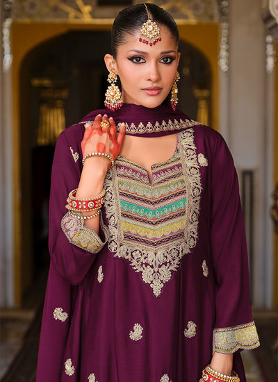Deep Wine Multi Embroidery Festive Sharara Suit