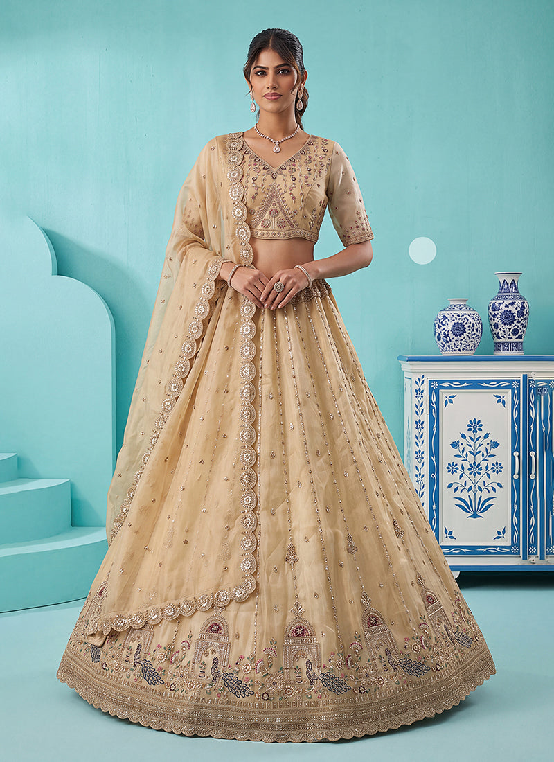Cream Beige Embroidered Silk Lehenga Choli And Dupatta
