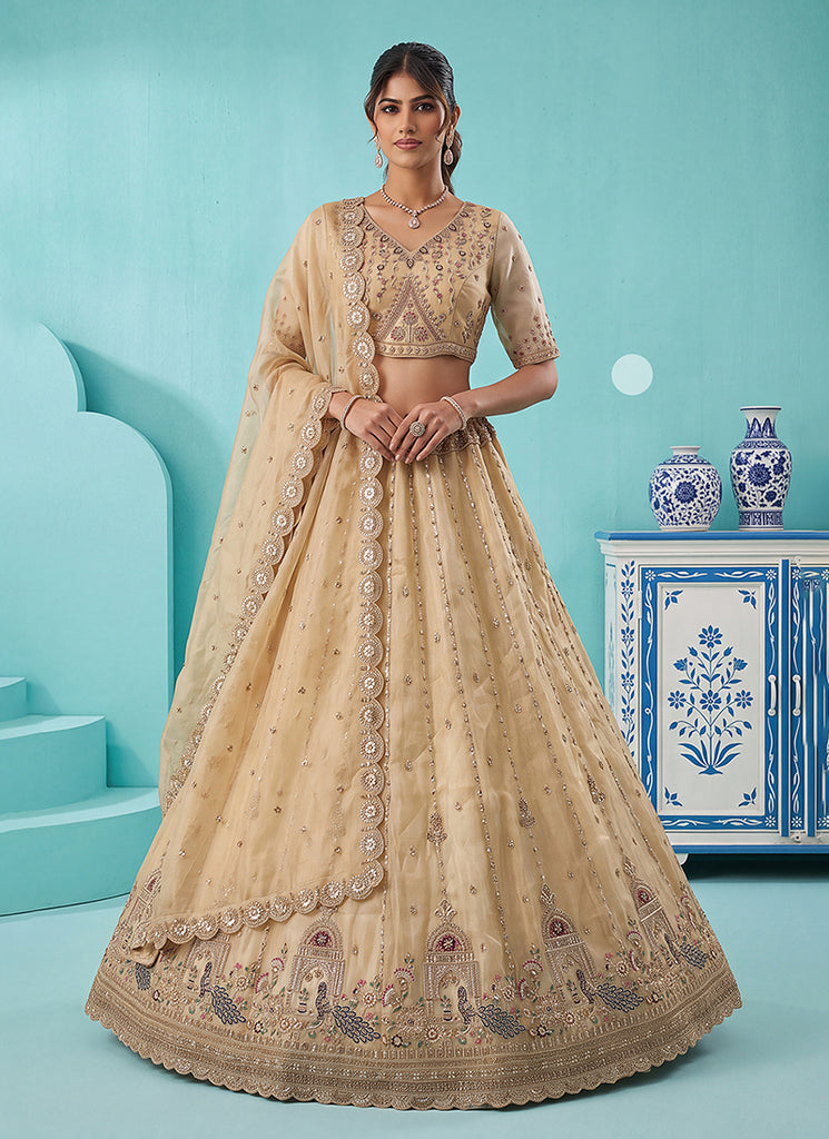 Cream Beige Embroidered Silk Lehenga Choli And Dupatta
