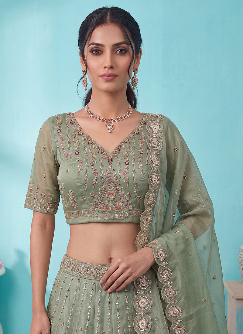 Buy Traditional Mint Green Silk Lehenga In Canada