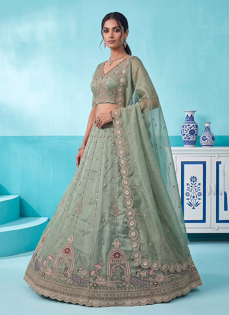 Shop Traditional Mint Green Silk Lehenga In UK