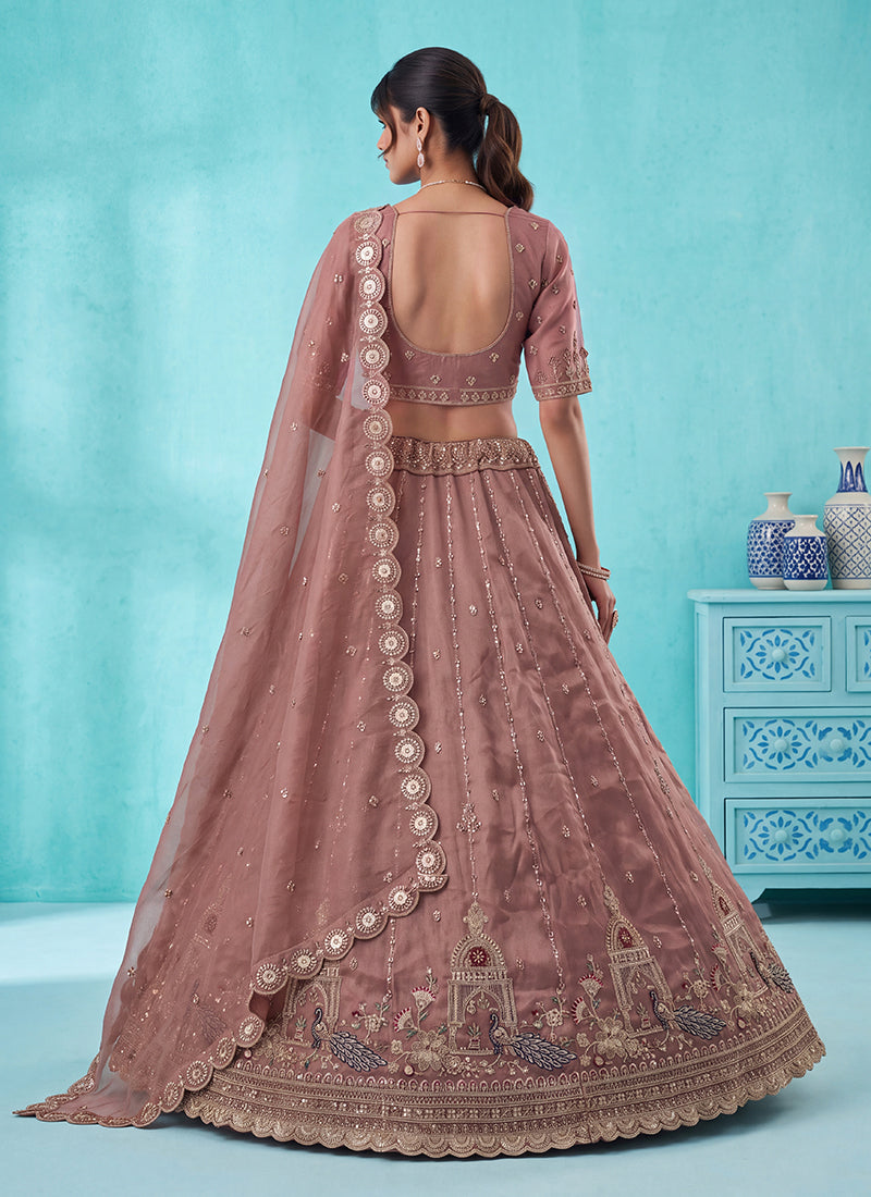 Buy Deep Rose Embroidered Silk Lehenga Choli In UAE