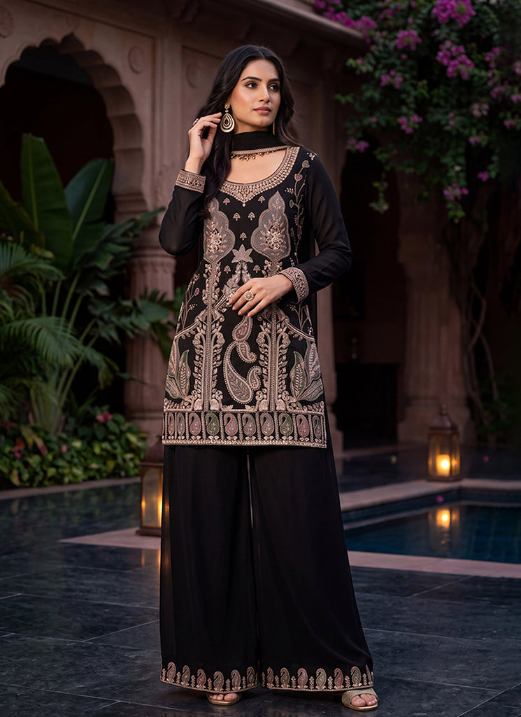 Black Handwork Embroidered Palazzo Suit 
