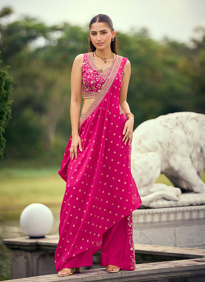 Magenta Embroidered Jacquard Silk Palazzo Suit