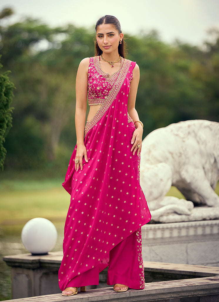 Magenta Embroidered Jacquard Silk Palazzo Suit